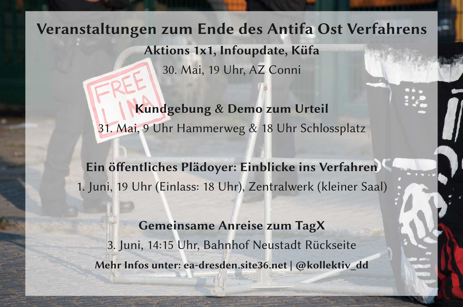 Übersicht der Veranstaltungen zum Ende Verfahren Antifa Ost vom EA Dresden