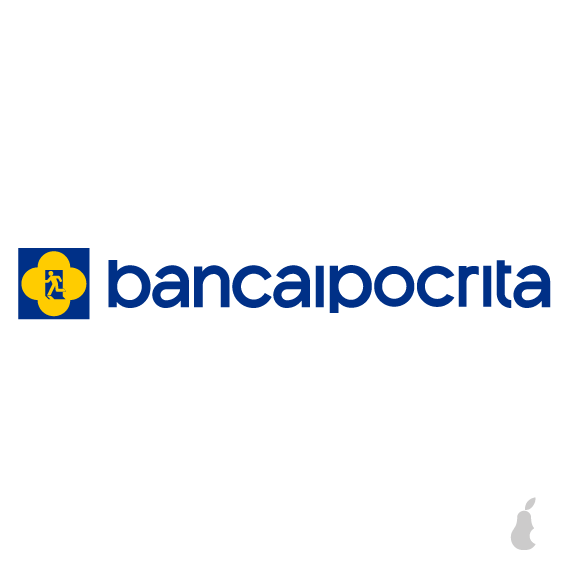 Un'immagine quadrata con sfondo bianco al centro un logo sulla sinistra un piccolo quadrato con lo sfondo sfondo blu, dentro in giallo il simbolo della ipocrisia combinato con il pittogramma che indica la via di uscita al lato verso destra la scritta "banca ipocrita" in colore blu.

A square image with a white background in the center, a logo on the left, a small square with a blue background, inside in yellow the symbol of hypocrisy combined with the pictogram indicating the way out, on the side to the right the writing "bank hypocrite" in blue.