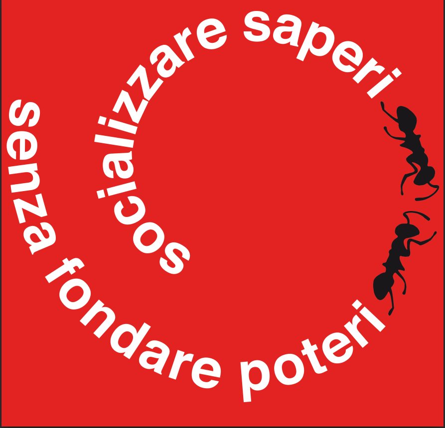 Socializzare saperi senza fondare poteri (bianco su sfondo rosso con formiche nere)